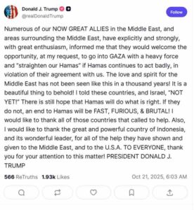 ژئوپولیتیک: ترامپ در شبکه خود نوشت: «هنوز نه» در پاسخ به موضوع «تنش با حماس».